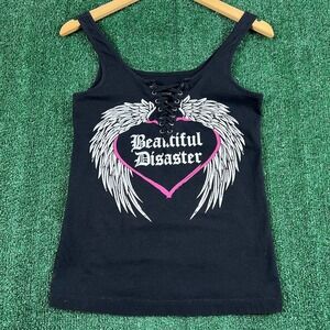 Vintage Beautiful Disaster Tank Top Women's Black Small Angel Wings Lace Up  Y2K